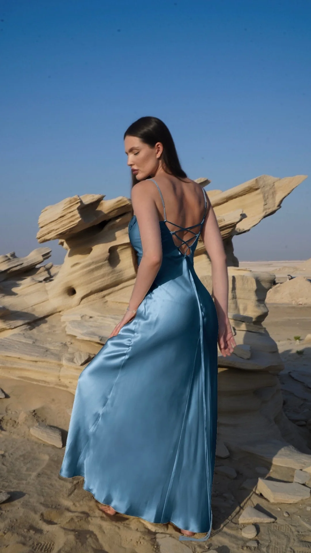 Silk Lace Back Maxi Dress – Sky Blue - Image 4